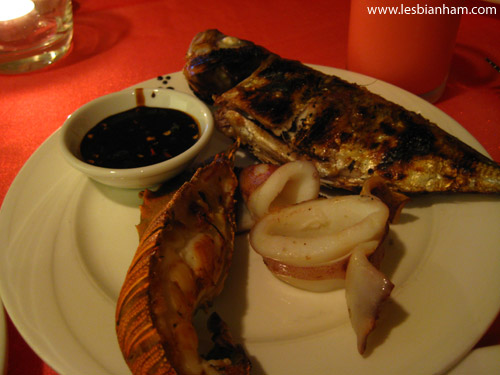 Grilled lobster, squid and fish with chilli soy sauce.